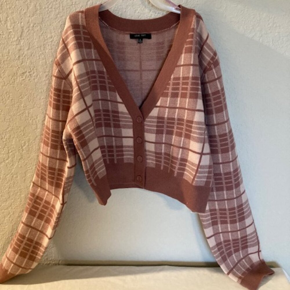 Love Tree Pink Plaid Crop Cardigan Sweater | Size L